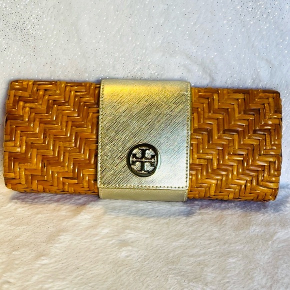 Tory Burch Gold & Tan Rattan Wicker Clutch RARE Collectible Luxury Rare GUC